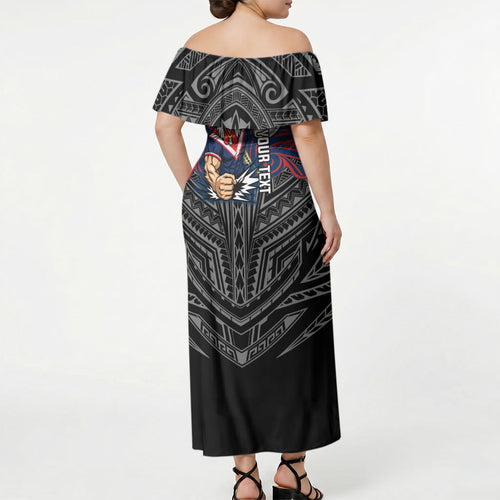 Custom Sydney Roosters Off Shoulder Maxi Dress Roosters Warrior Polynesia Islander Rugby Mascot