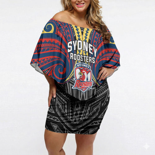 Custom Sydney Roosters Off Shoulder Short Dress Roosters Warrior Polynesia Islander Rugby Mascot
