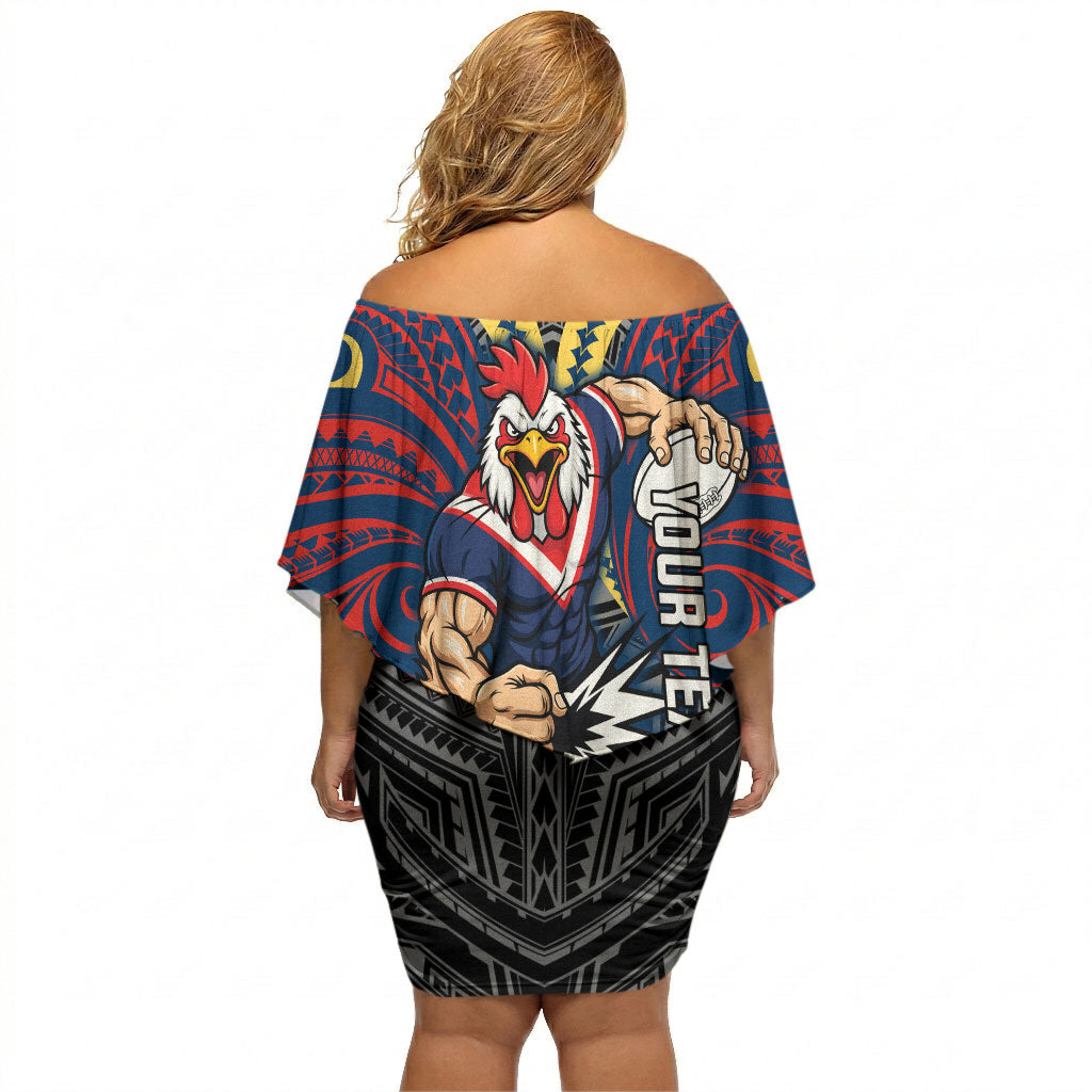 Custom Sydney Roosters Off Shoulder Short Dress Roosters Warrior Polynesia Islander Rugby Mascot