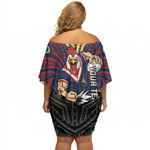 Custom Sydney Roosters Off Shoulder Short Dress Roosters Warrior Polynesia Islander Rugby Mascot