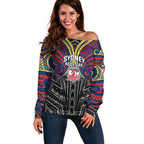 Custom Sydney Roosters Off Shoulder Sweater Roosters Warrior Polynesia Islander Rugby Mascot