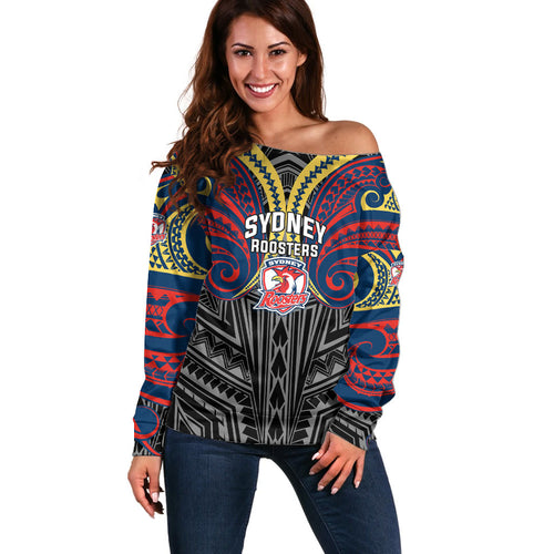Custom Sydney Roosters Off Shoulder Sweater Roosters Warrior Polynesia Islander Rugby Mascot