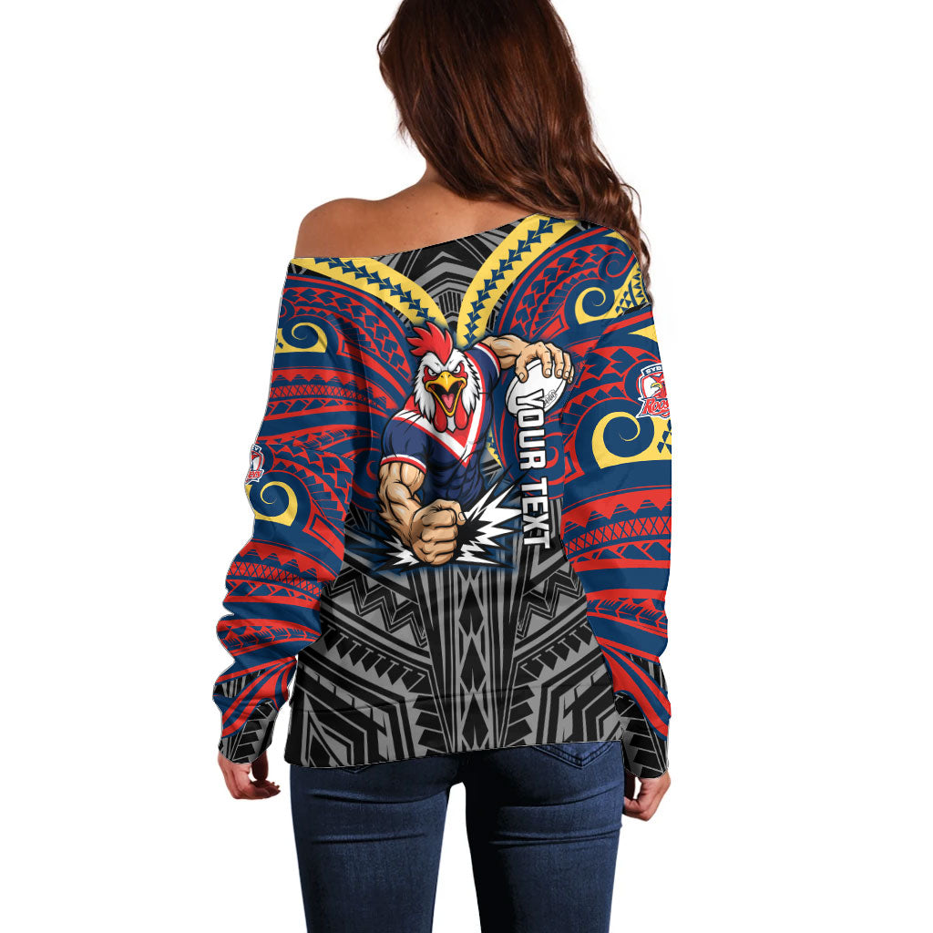 Custom Sydney Roosters Off Shoulder Sweater Roosters Warrior Polynesia Islander Rugby Mascot