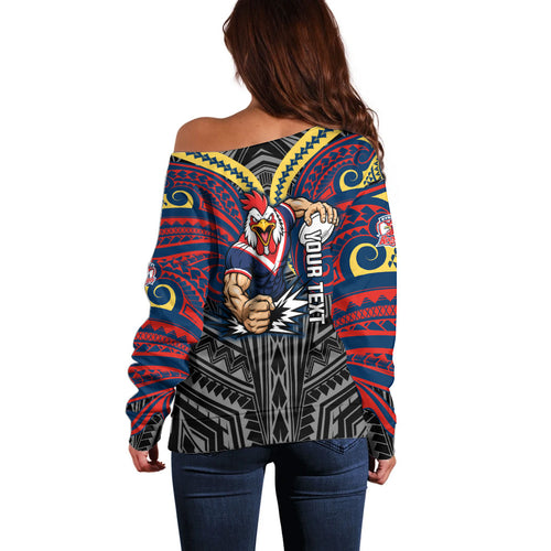 Custom Sydney Roosters Off Shoulder Sweater Roosters Warrior Polynesia Islander Rugby Mascot