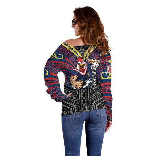 Custom Sydney Roosters Off Shoulder Sweater Roosters Warrior Polynesia Islander Rugby Mascot