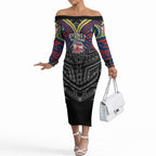 Custom Sydney Roosters Off The Shoulder Long Sleeve Dress Roosters Warrior Polynesia Islander Rugby Mascot