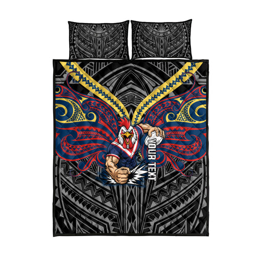 Custom Sydney Roosters Quilt Bed Set Roosters Warrior Polynesia Islander Rugby Mascot