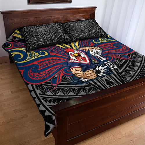 Custom Sydney Roosters Quilt Bed Set Roosters Warrior Polynesia Islander Rugby Mascot