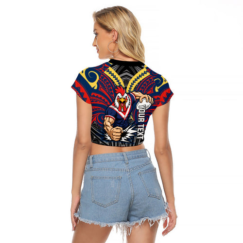 Custom Sydney Roosters Raglan Cropped T Shirt Roosters Warrior Polynesia Islander Rugby Mascot