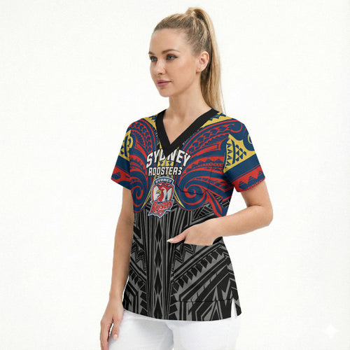 Custom Sydney Roosters Scrub Top Roosters Warrior Polynesia Islander Rugby Mascot