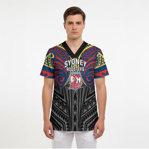 Custom Sydney Roosters Scrub Top Roosters Warrior Polynesia Islander Rugby Mascot