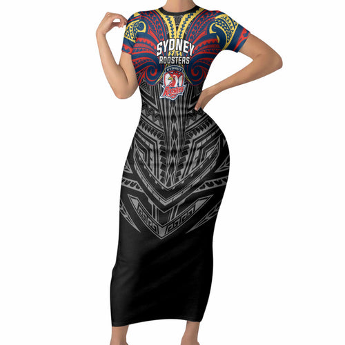 Custom Sydney Roosters Short Sleeve Bodycon Dress Roosters Warrior Polynesia Islander Rugby Mascot
