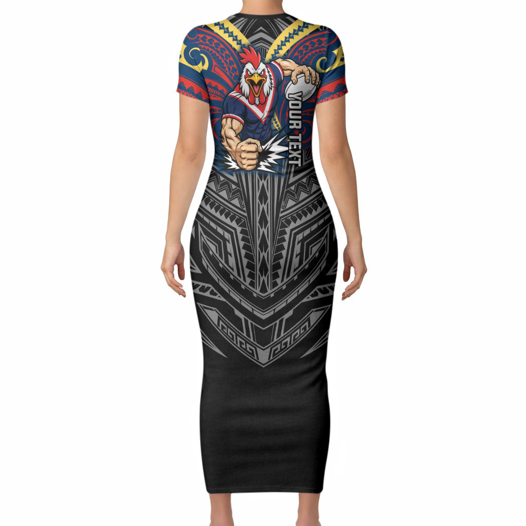 Custom Sydney Roosters Short Sleeve Bodycon Dress Roosters Warrior Polynesia Islander Rugby Mascot
