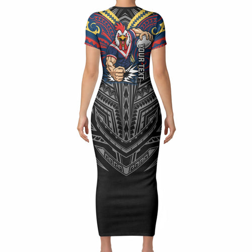 Custom Sydney Roosters Short Sleeve Bodycon Dress Roosters Warrior Polynesia Islander Rugby Mascot