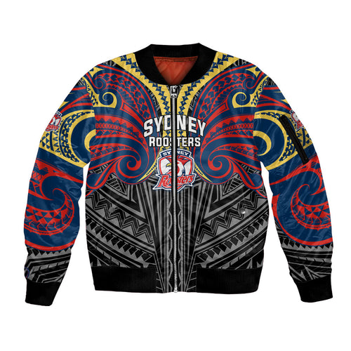 Custom Sydney Roosters Sleeve Zip Bomber Jacket Roosters Warrior Polynesia Islander Rugby Mascot
