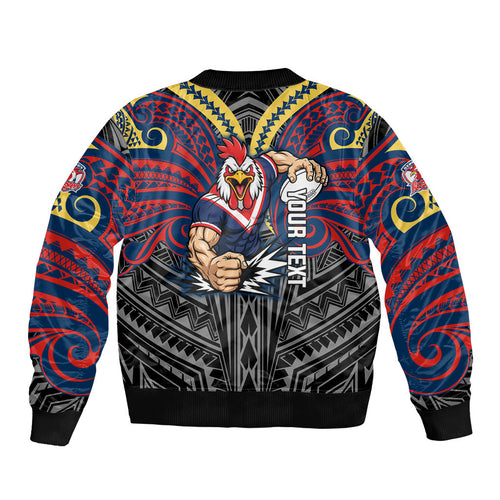 Custom Sydney Roosters Sleeve Zip Bomber Jacket Roosters Warrior Polynesia Islander Rugby Mascot