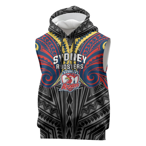 Custom Sydney Roosters Sleeveless Hoodie Roosters Warrior Polynesia Islander Rugby Mascot
