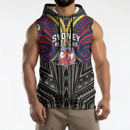Custom Sydney Roosters Sleeveless Hoodie Roosters Warrior Polynesia Islander Rugby Mascot