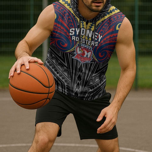 Custom Sydney Roosters Sleeveless Hoodie Roosters Warrior Polynesia Islander Rugby Mascot