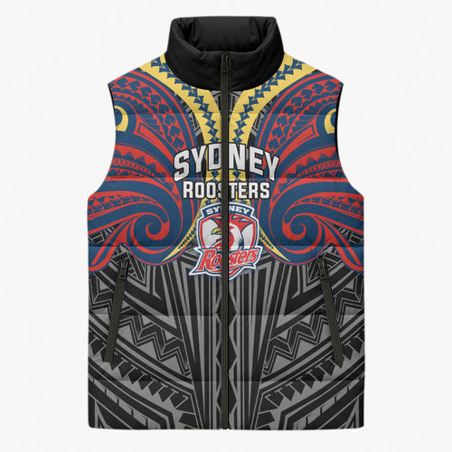 Custom Sydney Roosters Sleeveless Puffer Jacket Roosters Warrior Polynesia Islander Rugby Mascot