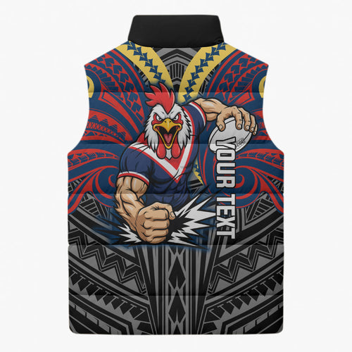 Custom Sydney Roosters Sleeveless Puffer Jacket Roosters Warrior Polynesia Islander Rugby Mascot