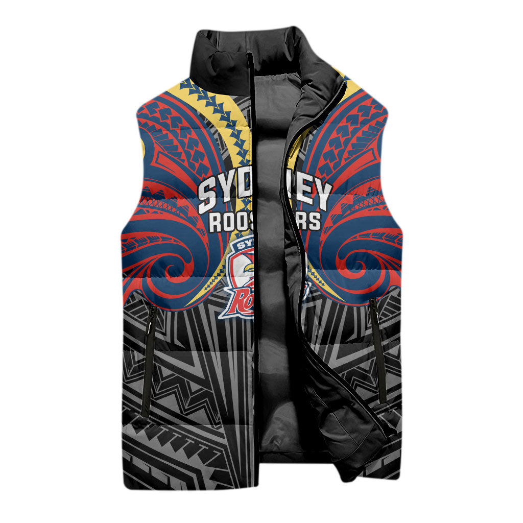 Custom Sydney Roosters Sleeveless Puffer Jacket Roosters Warrior Polynesia Islander Rugby Mascot