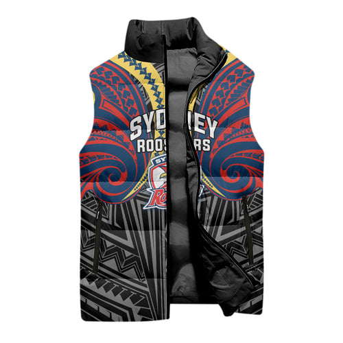 Custom Sydney Roosters Sleeveless Puffer Jacket Roosters Warrior Polynesia Islander Rugby Mascot