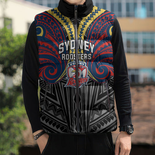 Custom Sydney Roosters Sleeveless Puffer Jacket Roosters Warrior Polynesia Islander Rugby Mascot
