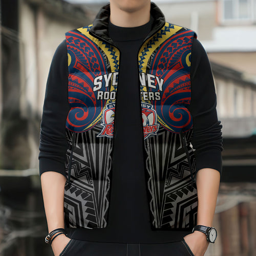 Custom Sydney Roosters Sleeveless Puffer Jacket Roosters Warrior Polynesia Islander Rugby Mascot