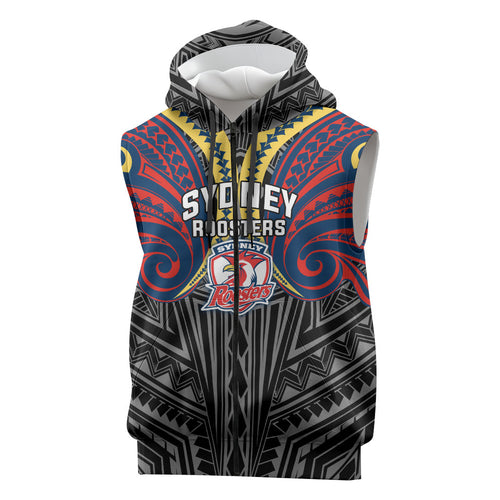 Custom Sydney Roosters Sleeveless Zip Hoodie Roosters Warrior Polynesia Islander Rugby Mascot