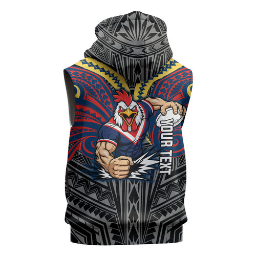 Custom Sydney Roosters Sleeveless Zip Hoodie Roosters Warrior Polynesia Islander Rugby Mascot