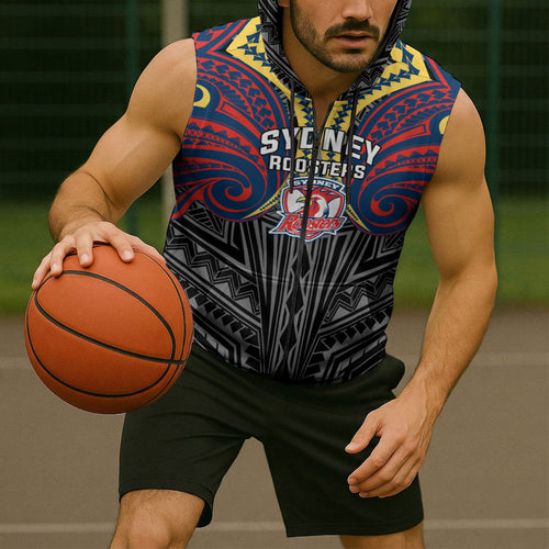 Custom Sydney Roosters Sleeveless Zip Hoodie Roosters Warrior Polynesia Islander Rugby Mascot