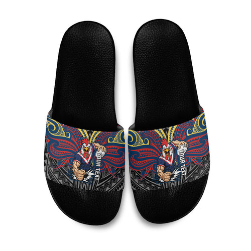 Custom Sydney Roosters Slide Sandals Roosters Warrior Polynesia Islander Rugby Mascot