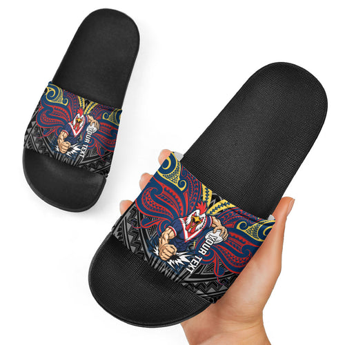 Custom Sydney Roosters Slide Sandals Roosters Warrior Polynesia Islander Rugby Mascot