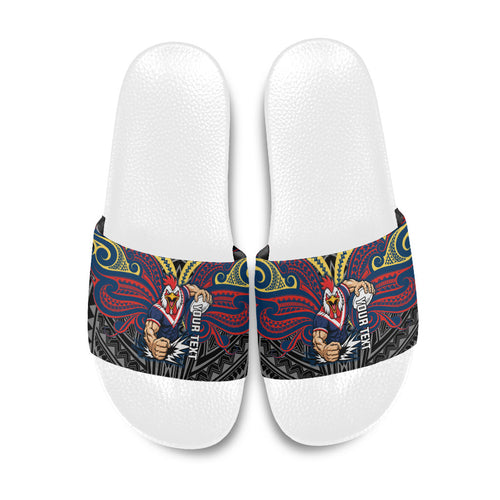 Custom Sydney Roosters Slide Sandals Roosters Warrior Polynesia Islander Rugby Mascot