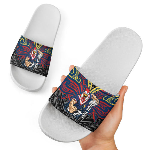 Custom Sydney Roosters Slide Sandals Roosters Warrior Polynesia Islander Rugby Mascot