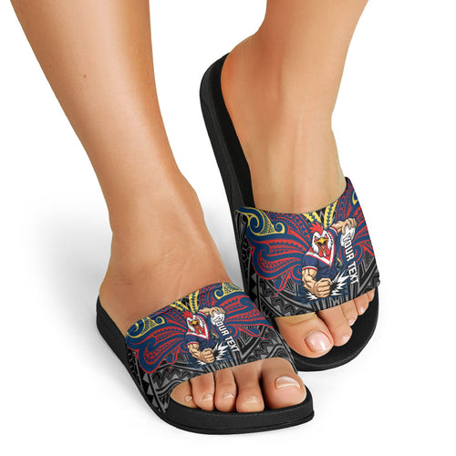 Custom Sydney Roosters Slide Sandals Roosters Warrior Polynesia Islander Rugby Mascot