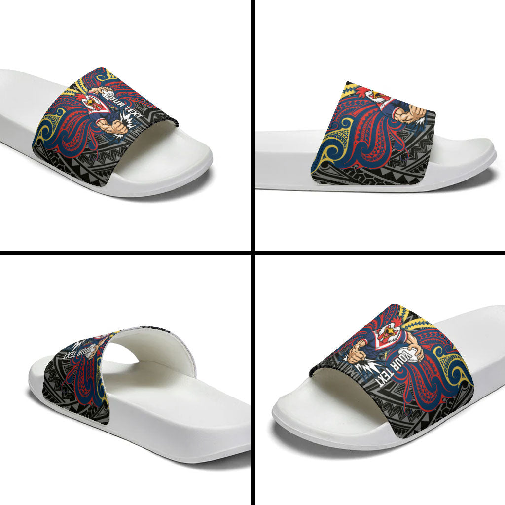 Custom Sydney Roosters Slide Sandals Roosters Warrior Polynesia Islander Rugby Mascot