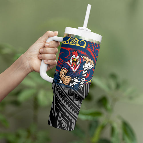 Custom Sydney Roosters Tumbler With Handle Roosters Warrior Polynesia Islander Rugby Mascot