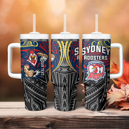 Custom Sydney Roosters Tumbler With Handle Roosters Warrior Polynesia Islander Rugby Mascot