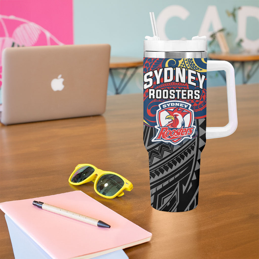 Custom Sydney Roosters Tumbler With Handle Roosters Warrior Polynesia Islander Rugby Mascot