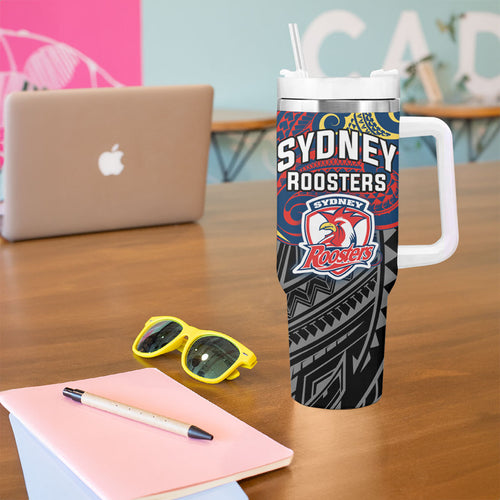 Custom Sydney Roosters Tumbler With Handle Roosters Warrior Polynesia Islander Rugby Mascot
