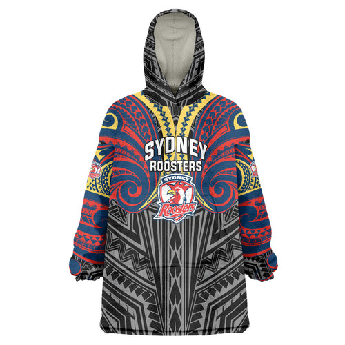 Custom Sydney Roosters Wearable Blanket Hoodie Roosters Warrior Polynesia Islander Rugby Mascot