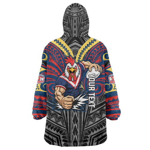Custom Sydney Roosters Wearable Blanket Hoodie Roosters Warrior Polynesia Islander Rugby Mascot