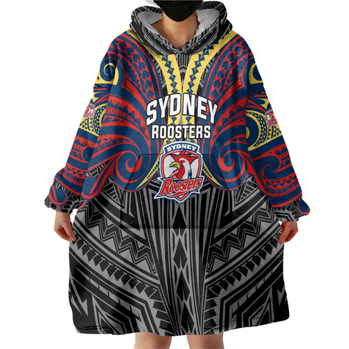 Custom Sydney Roosters Wearable Blanket Hoodie Roosters Warrior Polynesia Islander Rugby Mascot
