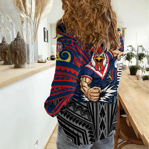 Custom Sydney Roosters Women Casual Shirt Roosters Warrior Polynesia Islander Rugby Mascot