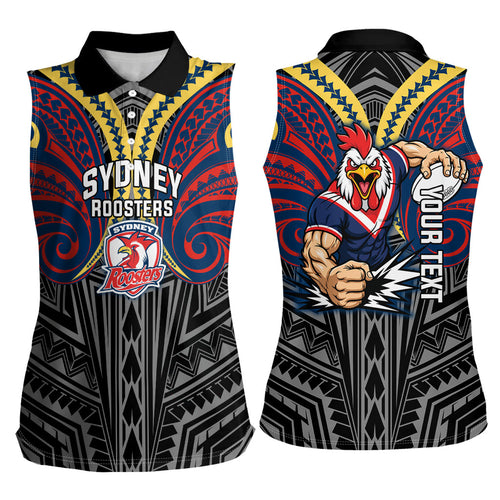 Custom Sydney Roosters Women Sleeveless Polo Shirt Roosters Warrior Polynesia Islander Rugby Mascot