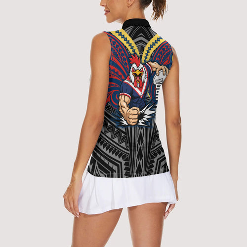 Custom Sydney Roosters Women Sleeveless Polo Shirt Roosters Warrior Polynesia Islander Rugby Mascot