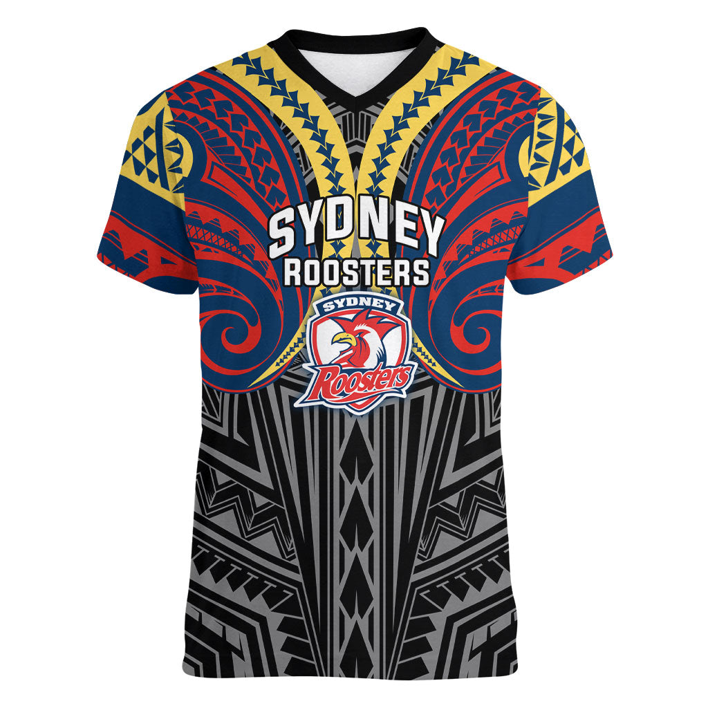 Custom Sydney Roosters Women V-Neck T-Shirt Roosters Warrior Polynesia Islander Rugby Mascot