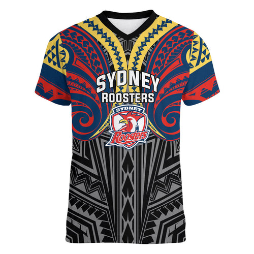 Custom Sydney Roosters Women V-Neck T-Shirt Roosters Warrior Polynesia Islander Rugby Mascot